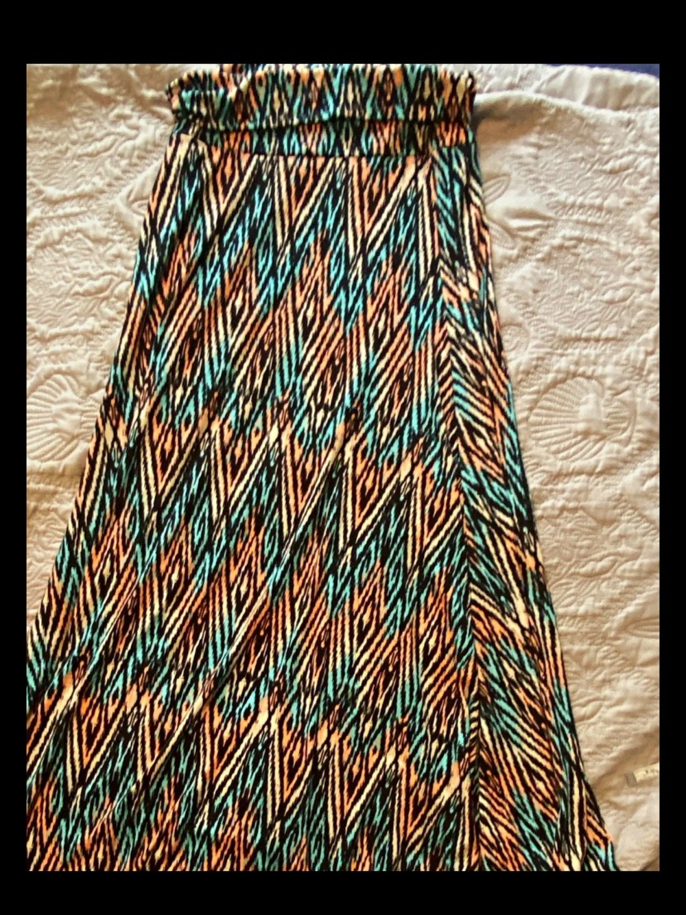 LuLaRoe Maxi Skirt in Teal, Black, and Peach Chevron Print